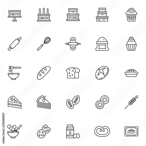 Bakery line icons set. linear style symbols collection, outline signs pack. vector graphics. Set includes icons as puff pastry, cooking cake, pie recipe, birthday cake with candle, cupcake, muffin