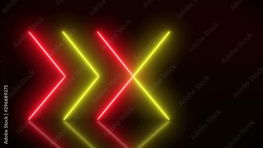 Video animation of glowing neon arrows in red and yellow on reflecting floor. - Abstract background - laser show Video animation of glowing neon arrows in red and yellow on reflecting floor. - Abstract background - laser show