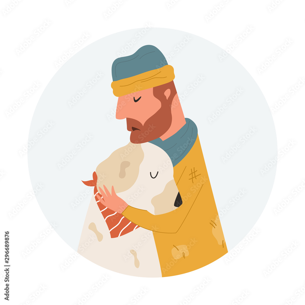 Homeless poor man in old clothing hugging his dog. Homeless poor man in old clothing hugging his dog.