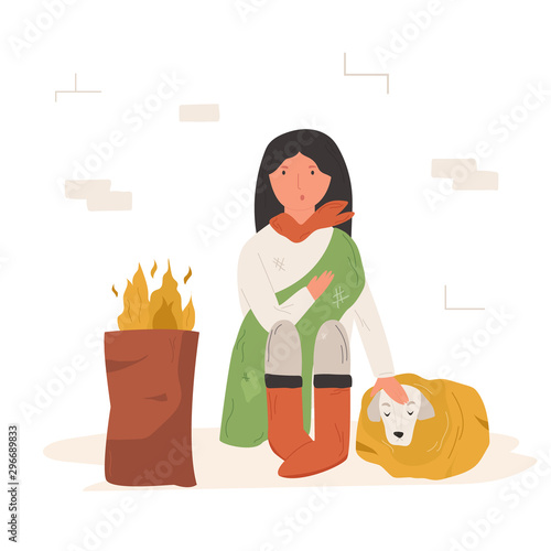 Homeless girl sitting on a street with her dog.