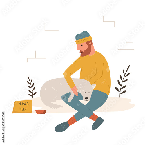 Homeless poor man living on a street with his dog.