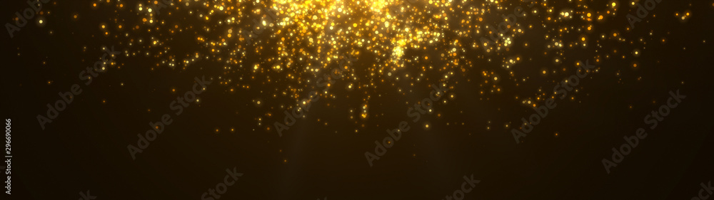 New year 2020. Bokeh background. Lights abstract. Merry Christmas backdrop. Gold glitter light. Defocused particles. Isolated on black. Overlay. Golden color. Panoramic view - obrazy, fototapety, plakaty 