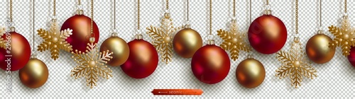 Christmas and New Year seamless border. Golden snowflakes, red and gold realistic Christmas balls hanging on chains. Decorative vector ornament for festive design isolated on transparent background