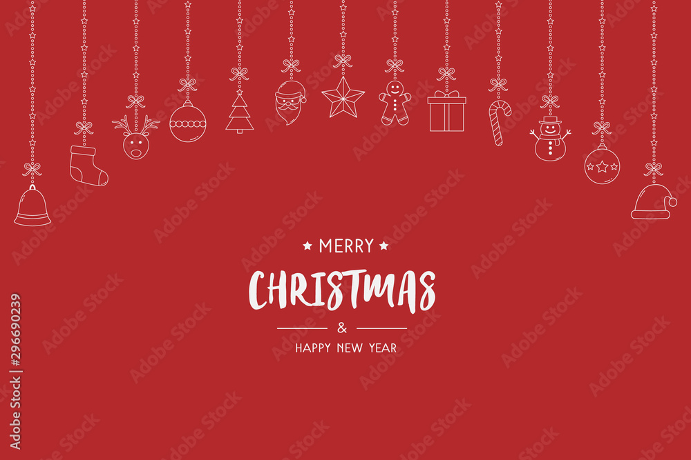 Hanging Christmas ornaments on red background with wishes. Xmas greeting card in cartoon style. Vector