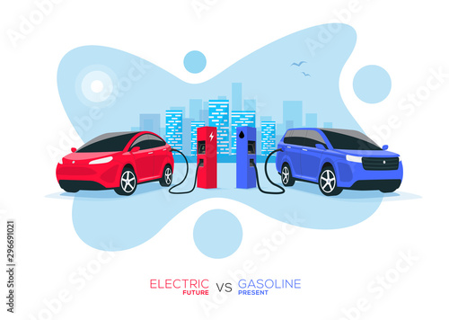 Comparing electric versus gasoline diesel car. Electric car charging at charger stand vs. fossil car refueling petrol gas station. Isolated front perspective view with blue city skyline background.