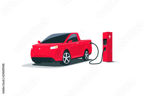 Modern electric smart suv pickup truck car charging parking at the charger station with a plug in cable. Isolated vector illustration on white background. Electrified future transportation e-motion.