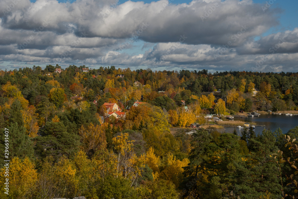 Autumn view over the Stockholm archipelago with islands, boats, ferries and fjords