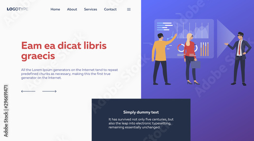 Man presenting virtual report to colleague. VR glasses, graph, infographics, text sample. Technology concept. Vector illustration for virtual reality, innovation, business communication