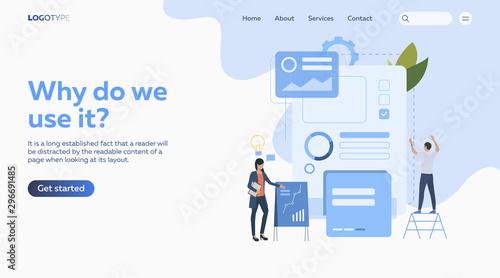 Manager presenting project. Woman pointing at graph, man filling up form, text sample. Business concept. Vector illustration for presentation, landing pages, website homepages