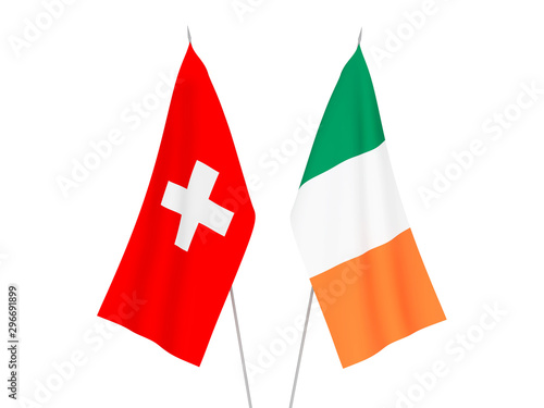 National fabric flags of Ireland and Switzerland isolated on white background. 3d rendering illustration.
