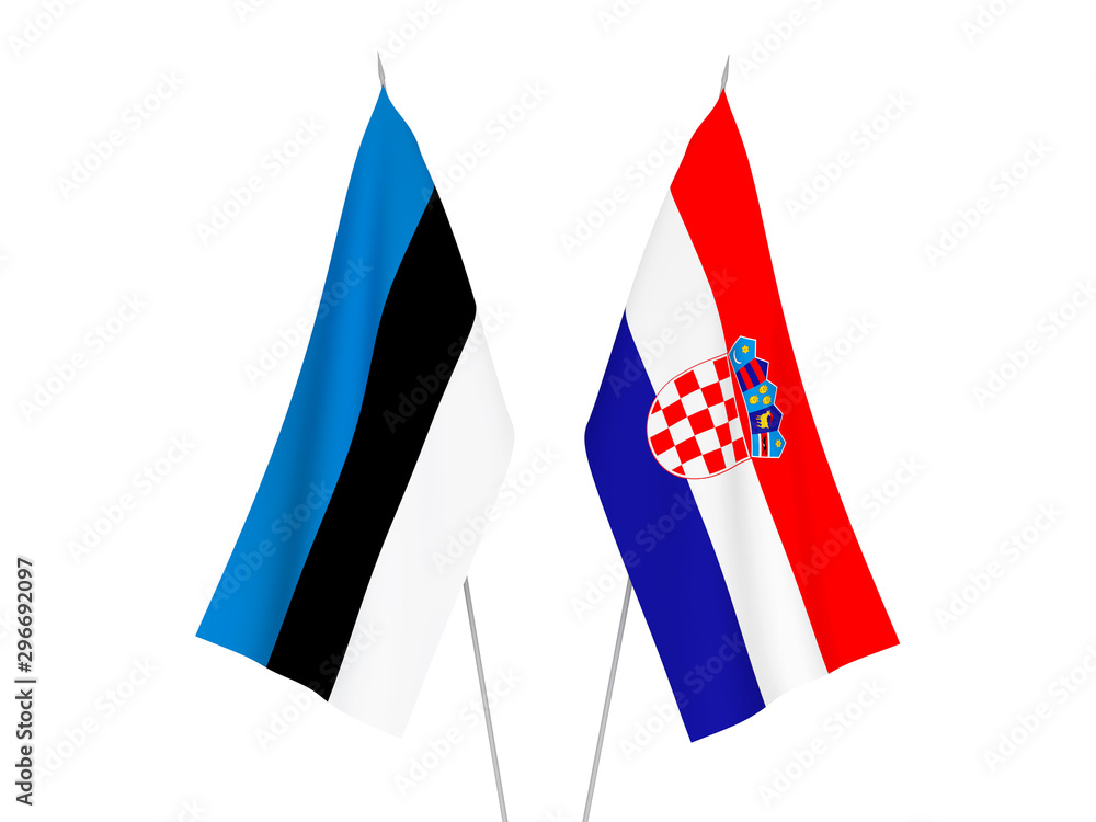 National fabric flags of Croatia and Estonia isolated on white background. 3d rendering illustration.