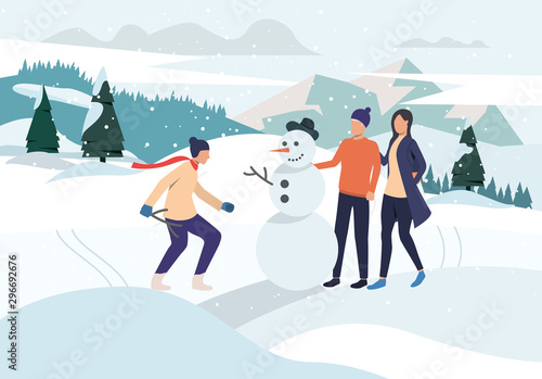 People making snowman. Teen, couple, snow, mountain. Activity concept. Vector illustration for topics like winter, vacation, holiday