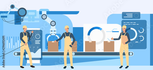 People working at factory illustration. Operational workers, conveyor belt, assembly line. Industry concept. Vector illustration for topics like production, machine, blue color
