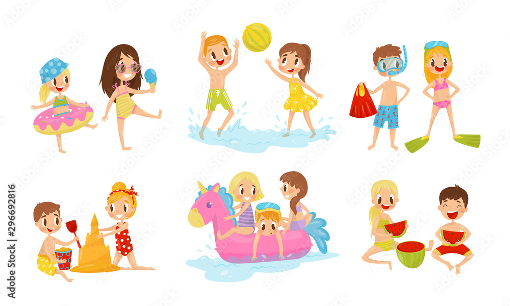 Children Having Vacation At Sea. Kids Characters Enjoying Summer Vector Illustrations Set. Children Having Vacation At Sea. Kids Characters Enjoying Summer Vector Illustrations Set.