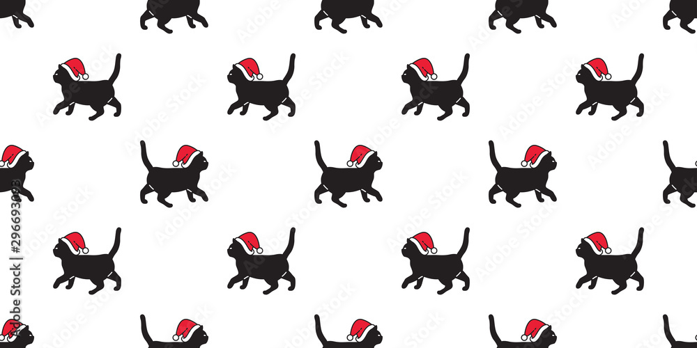 cat seamless pattern Christmas vector Santa Claus hat kitten walking cartoon scarf isolated repeat wallpaper tile background doodle illustration design