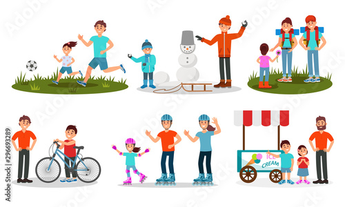 Parents and Children Characters Spending Time Together Outdoor Vector Illustrated Set.