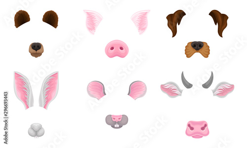 Selfie Animal Faces Effects Vector Illustrated Set. Assets For Entertainment