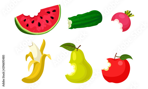 Bitten Fruits and Vegetables Vector Illustrated Set