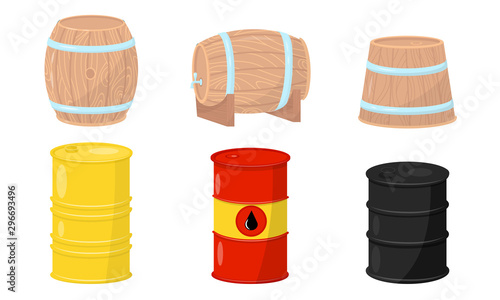 Wooden And Metal Barrels Vector Illustrated Set