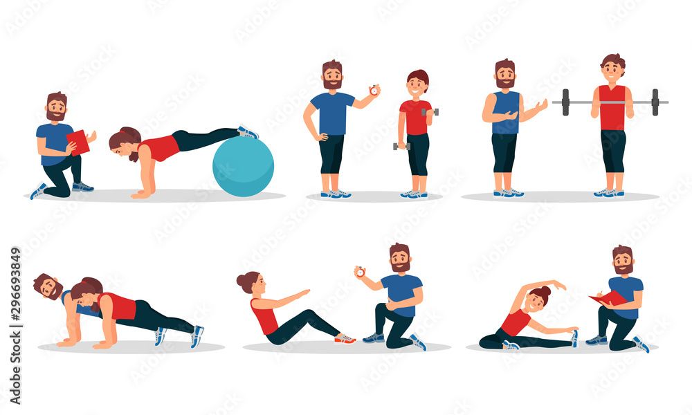 Man And Woman Characters In Gym With Personal Trainer Vector Illustrations