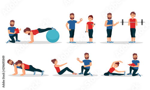 Man And Woman Characters In Gym With Personal Trainer Vector Illustrations