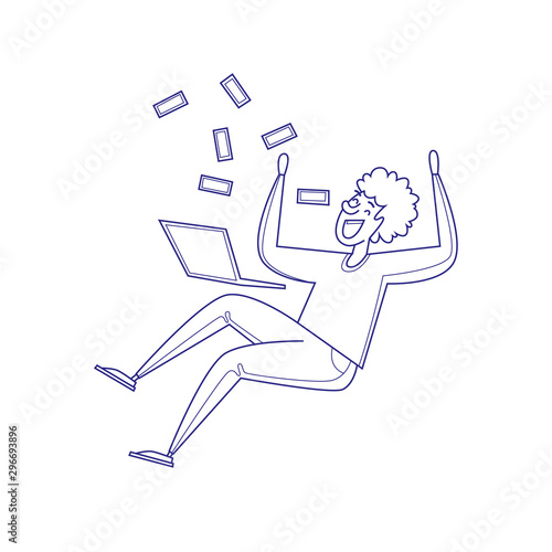 Online business, a man rejoices in money. Thin line. Flat design vector illustration.