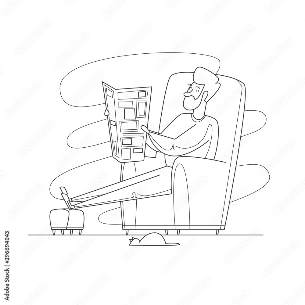 Pensioner sitting in a chair reading a newspaper. Thin line. Flat design vector illustration. Pensioner sitting in a chair reading a newspaper. Thin line. Flat design vector illustration.