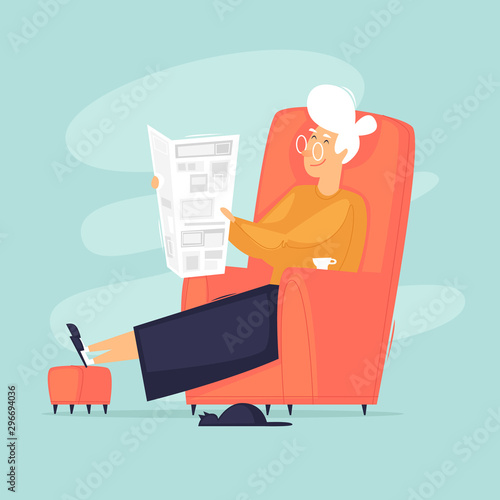 Grandmother is sitting in a chair reading a newspaper. Flat design vector illustration.