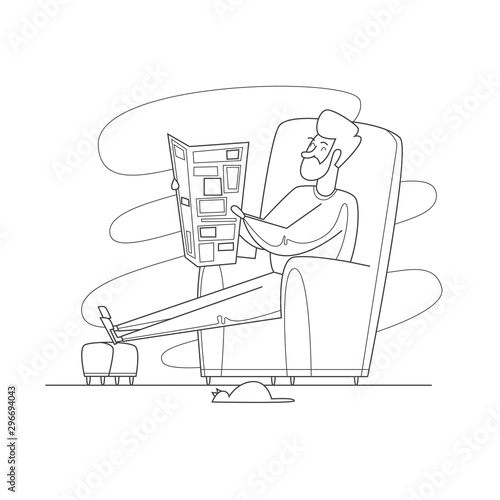 Pensioner sitting in a chair reading a newspaper. Thin line. Flat design vector illustration.	