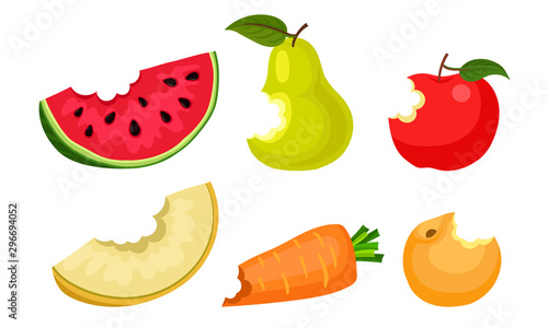 Bitten Fruits and Vegetables Vector Illustrated Set.