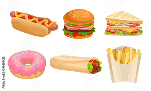 Junk Food Vector Illustrated Set. Fast Food Restaurant Menu Items