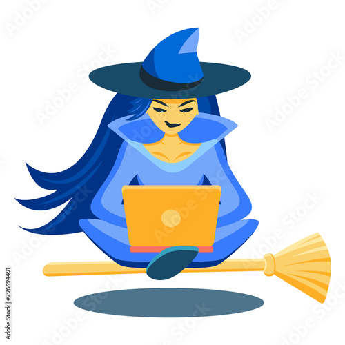 A sorceress sits in a lotus position on a broomstick and looks at a laptop. The witch levitates above the earth. Isolated on a white background. Vector modern flat illustration