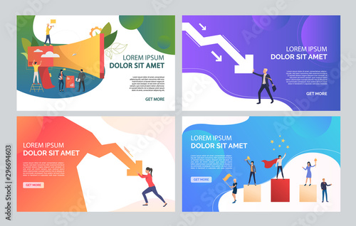 Competition for job illustration set. People working around megaphone, stopping falling graph, standing on podium. Business concept. Vector illustration for topics like human resource or employment