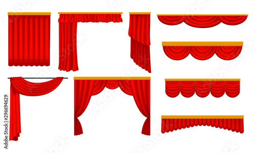 Luxury Scarlet Silk Curtains and Draperies Interior Decoration Design Ideas Realistic Vector Illustrations