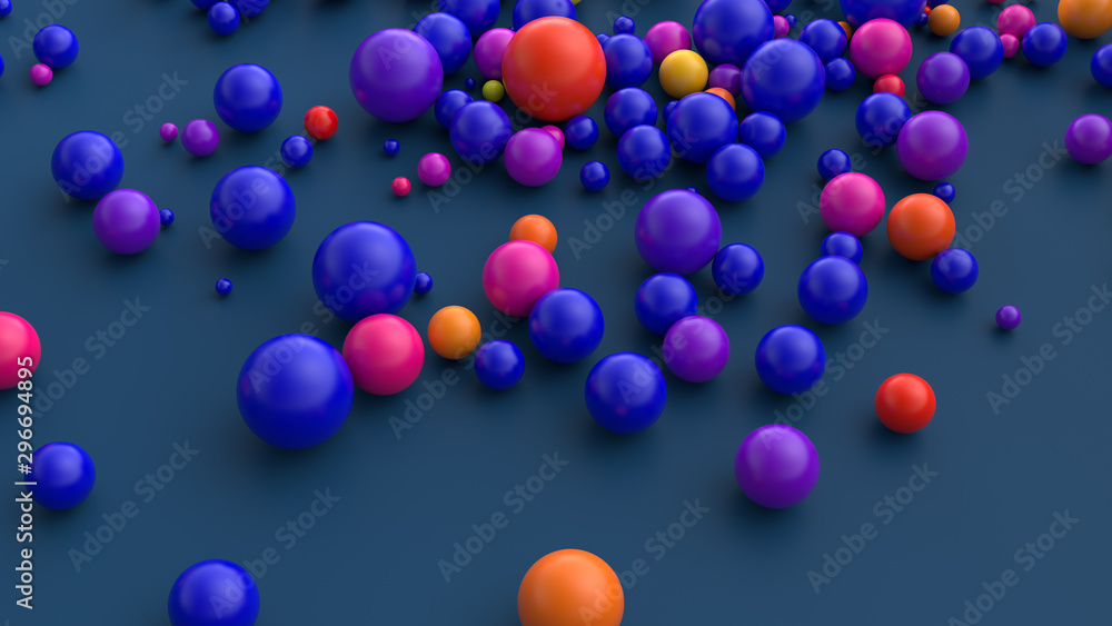 3d render of blue flat surface covered by vibrant blue, red, purple and blue balls.