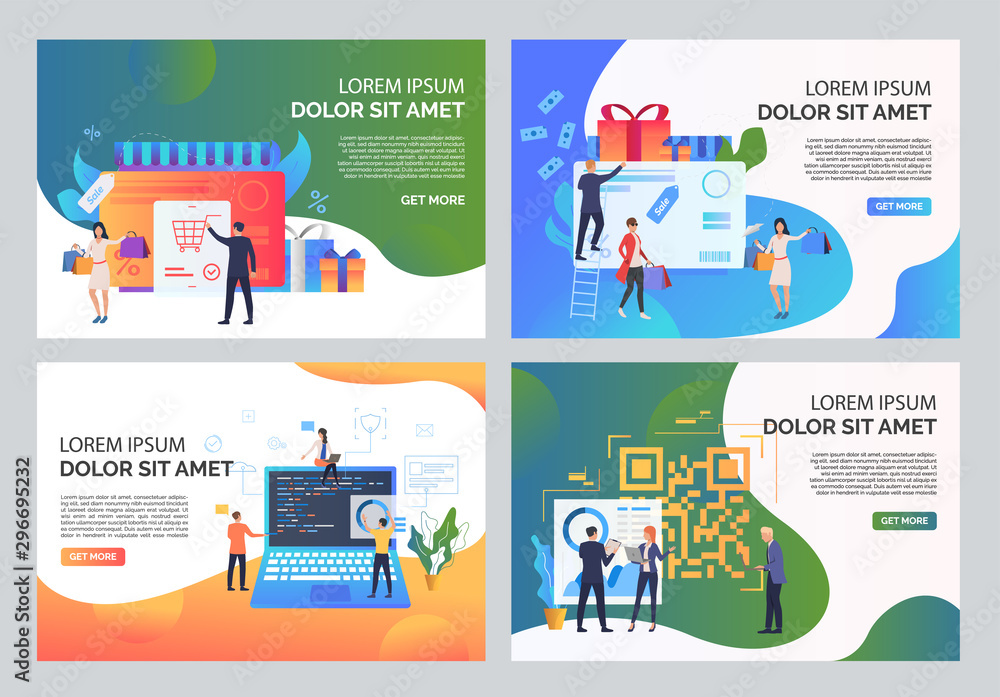 Sale time illustration set. People doing shopping, buying at sale, analyzing QR code. Business concept. Vector illustration for landing pages, presentation slide templates - obrazy, fototapety, plakaty 