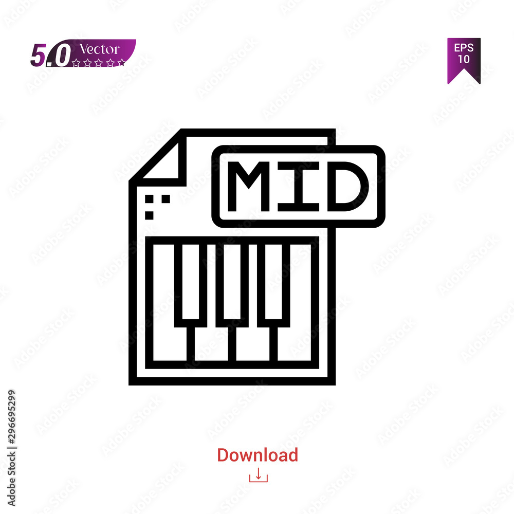 Obraz premium Outline mid file icon isolated on white background. Popular icons for 2019 year. file-types. Graphic design, mobile application, logo, user interface. EPS 10 format vector