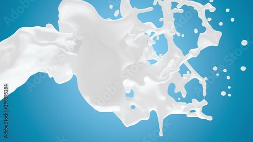 3D render animation of realistic milk splash. Liquid cosmetic splashing on blue background. 4k footage. Green screen.