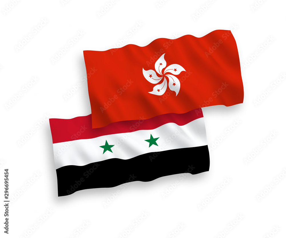 National vector fabric wave flags of Hong Kong and Syria isolated on white background. 1 to 2 proportion. National vector fabric wave flags of Hong Kong and Syria isolated on white background. 1 to 2 proportion.