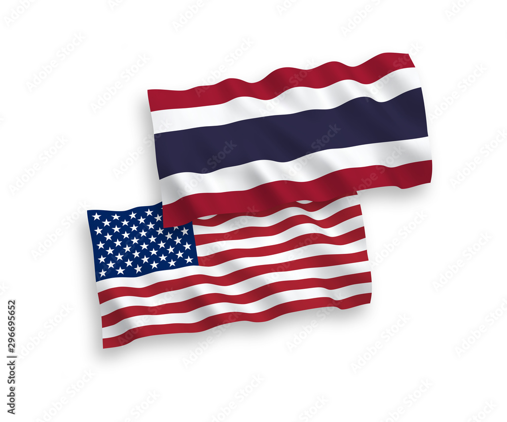 National vector fabric wave flags of Thailand and USA isolated on white background. 1 to 2 proportion. National vector fabric wave flags of Thailand and USA isolated on white background. 1 to 2 proportion.