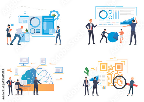 Business team analyzing reports illustration set. People studying charts, diagrams, infographics. Business concept. Vector illustration for landing pages, presentation slide templates