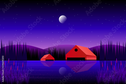 Scenic countryside with night sky forest background 