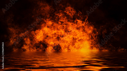 Texture fire with reflection in water. Flames on isolated black background.
