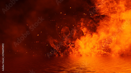 Realistic isolated fire effect for decoration and covering with refleticon in water on background. Concept of particles , flame and light.