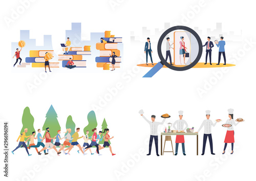 Lifestyle illustration set. People studying finance, getting job, running marathon, offering cooking restaurant. Lifestyle concept. Vector illustration for landing pages, presentation slide templates