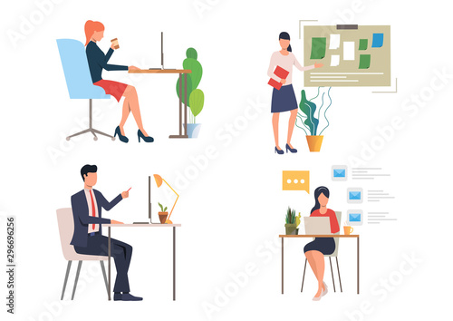 Office workers illustration set. Employees working at computer, sitting at workplace, standing at planning board. Office concept. Vector illustration for landing pages, presentation slide templates
