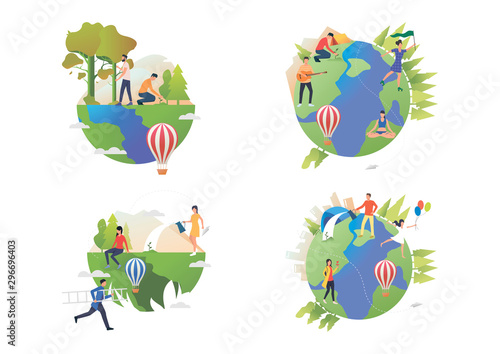 Planting trees illustration set. People cultivating plants outdoors, caring about planet. Activity concept. Vector illustration for topics like environment, ecology, eco tourism