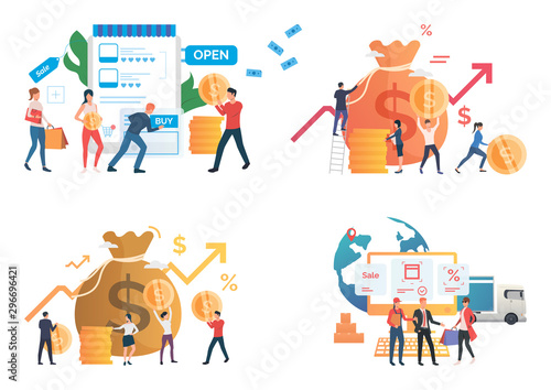 Profit illustration set. People buying online, holding and carrying money. Business concept. Vector illustration for landing pages, presentation slide templates