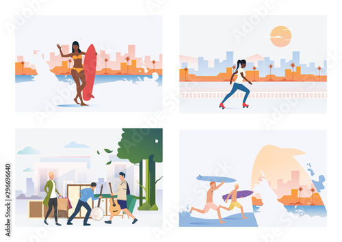Summer activities illustration set. People surfing on beach, roller skating in city, buying goods at garage sale. Lifestyle concept. Vector illustration for landing pages, presentation slide templates