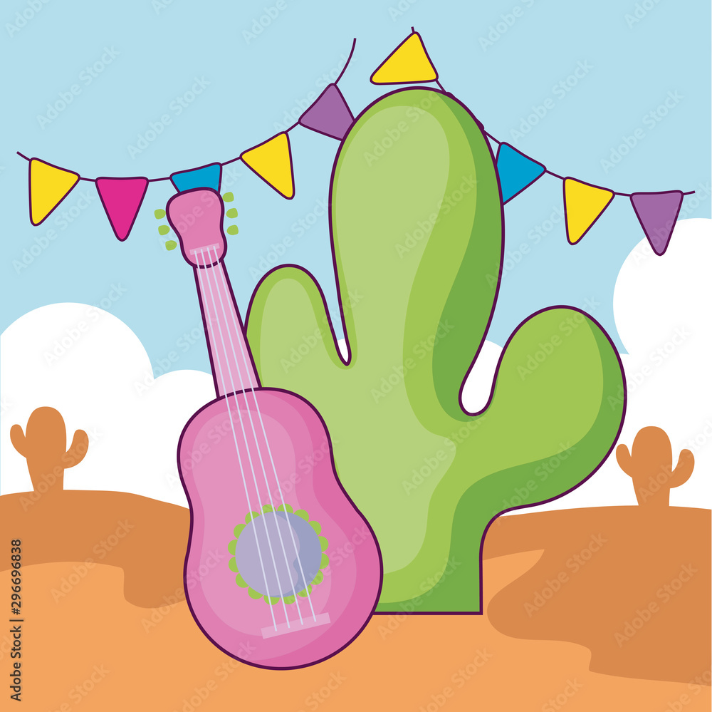 cactus with guitar and desert in the background